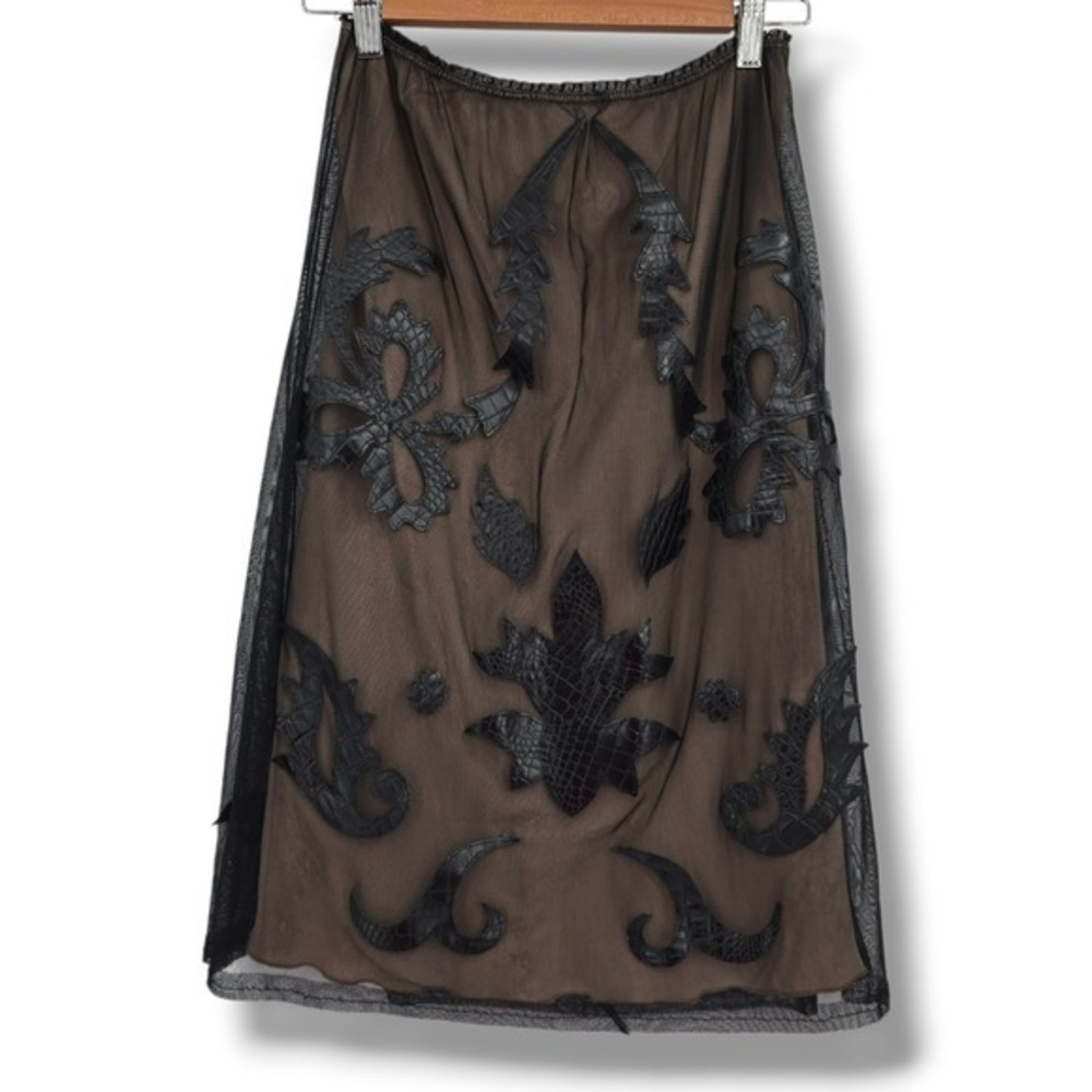 Tom K Nguyen Black Mesh Midi Skirt Faux Croc Applique‎ Tan Lining Womens 4